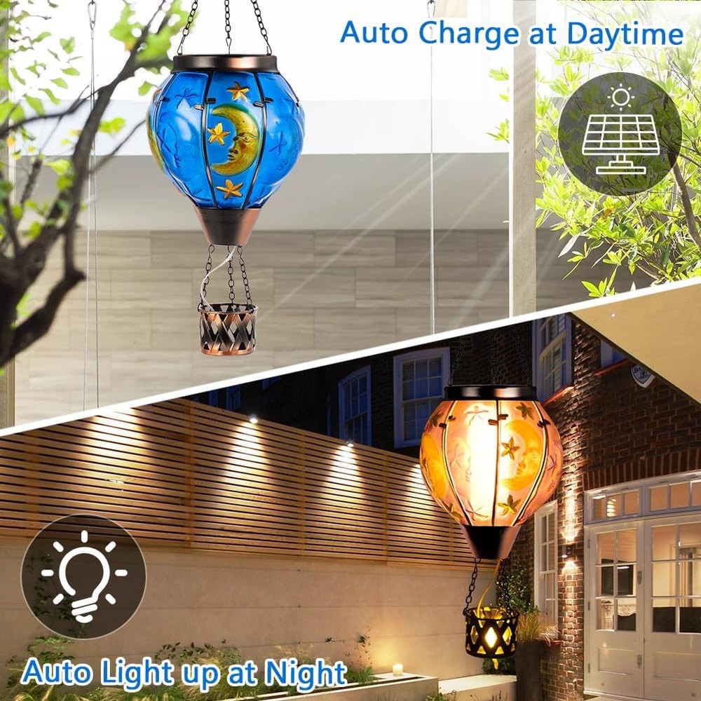 Moon Pattern Hot Air Balloon Solar Lantern with Flickering Flame , Blue