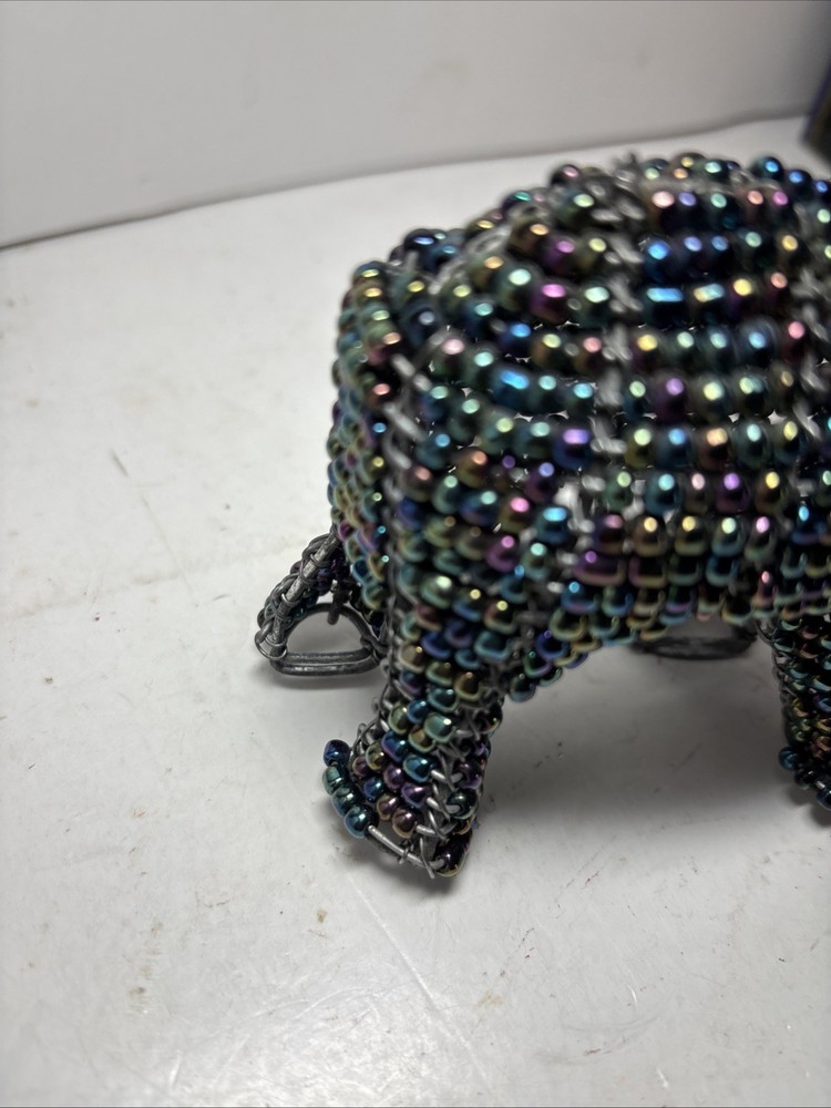 VTG Beaded iridescent elephant, wire frame, handmade sculpture.