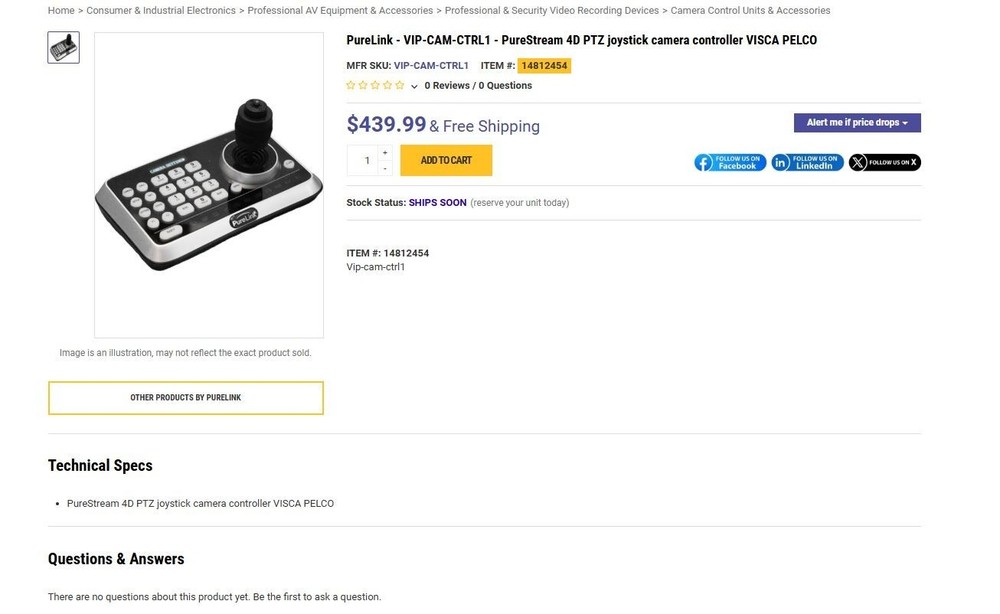 PureLink - VIP-CAM-CTRL1 - PureStream 4D PTZ joystick camera controller VISCA PE