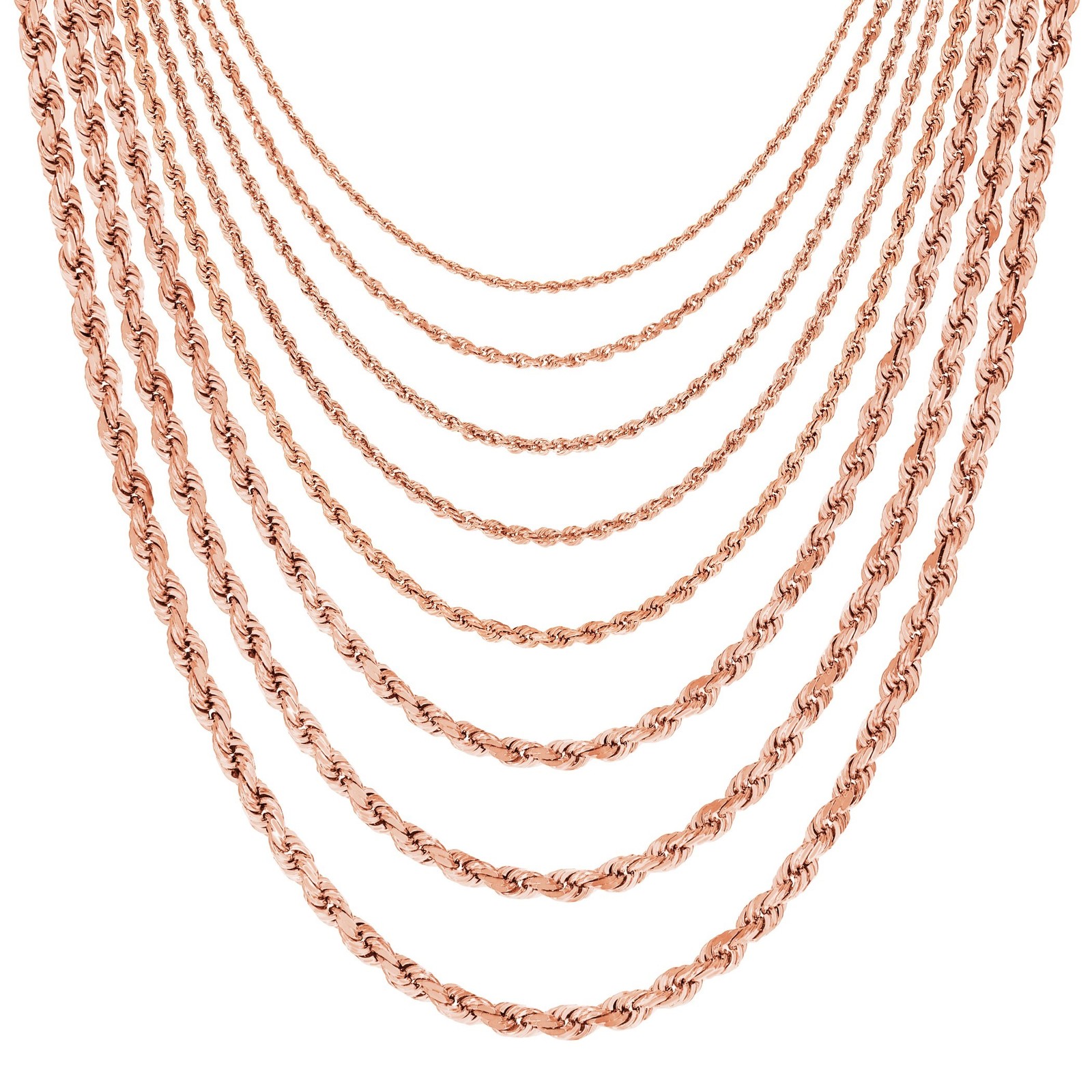 10K Rose Gold 1.5mm-6mm Diamond Cut Rope Chain Necklace Mens Womens 16"-30"