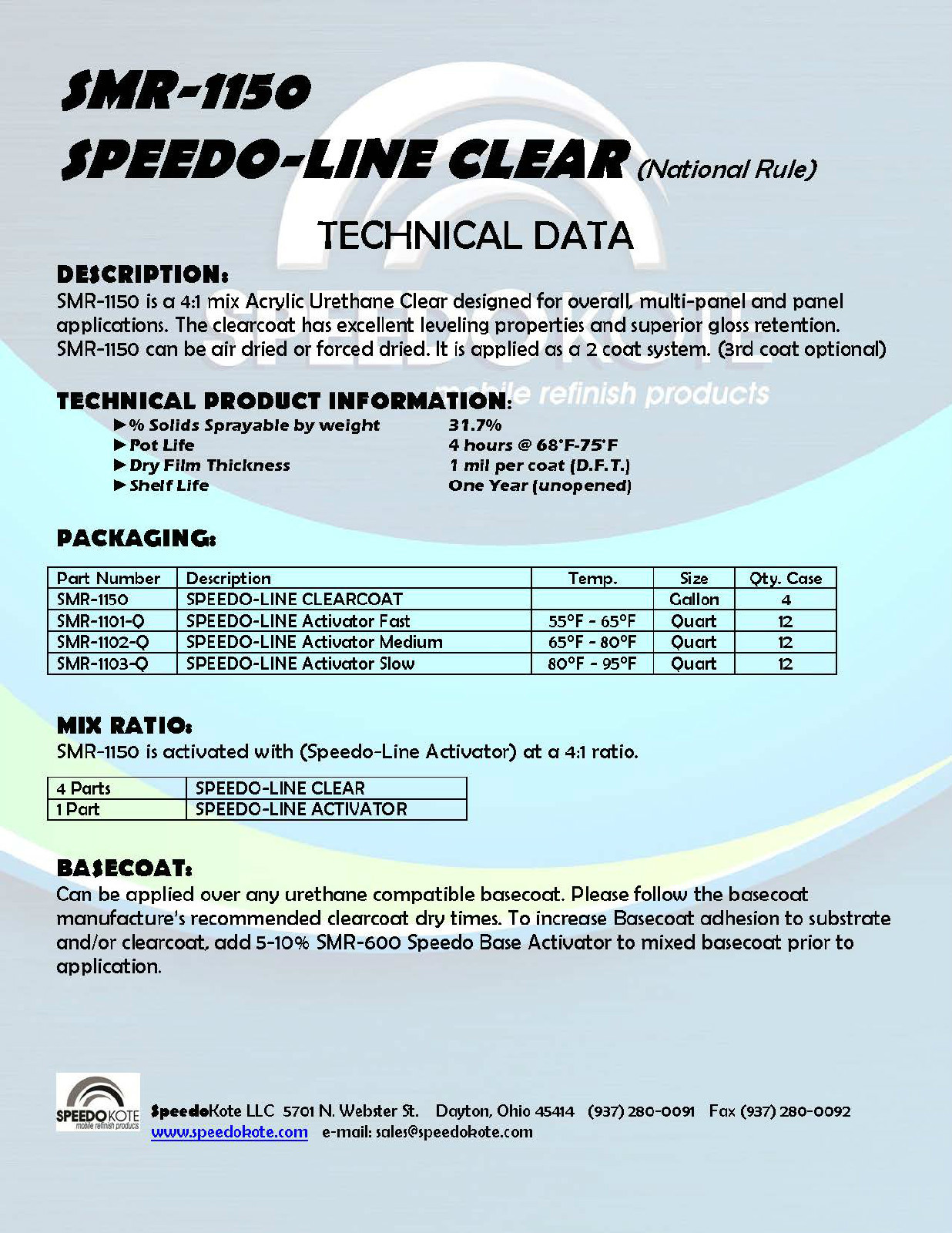 Clear Coat 2K Acrylic Urethane, SMR-1150/1101-Q 4:1 Gallon Clearcoat Fast Kit