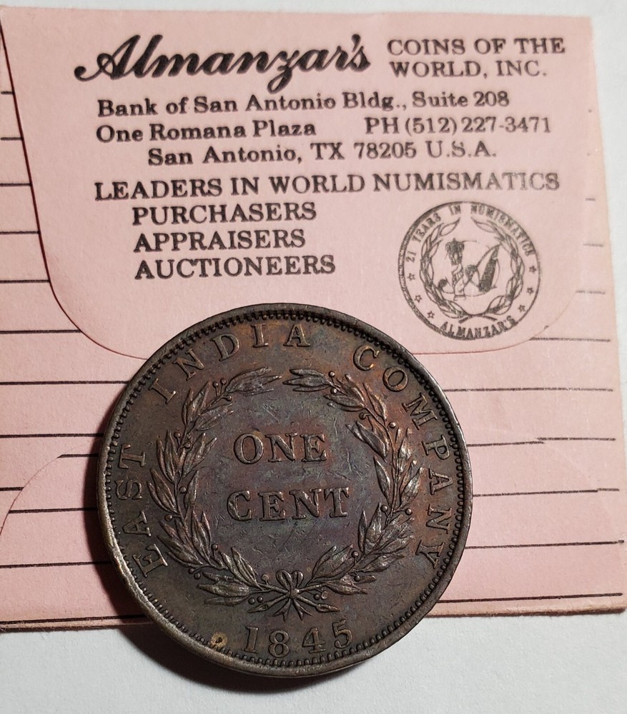 Straits Settlements 1845 Cent Scarce high grade!