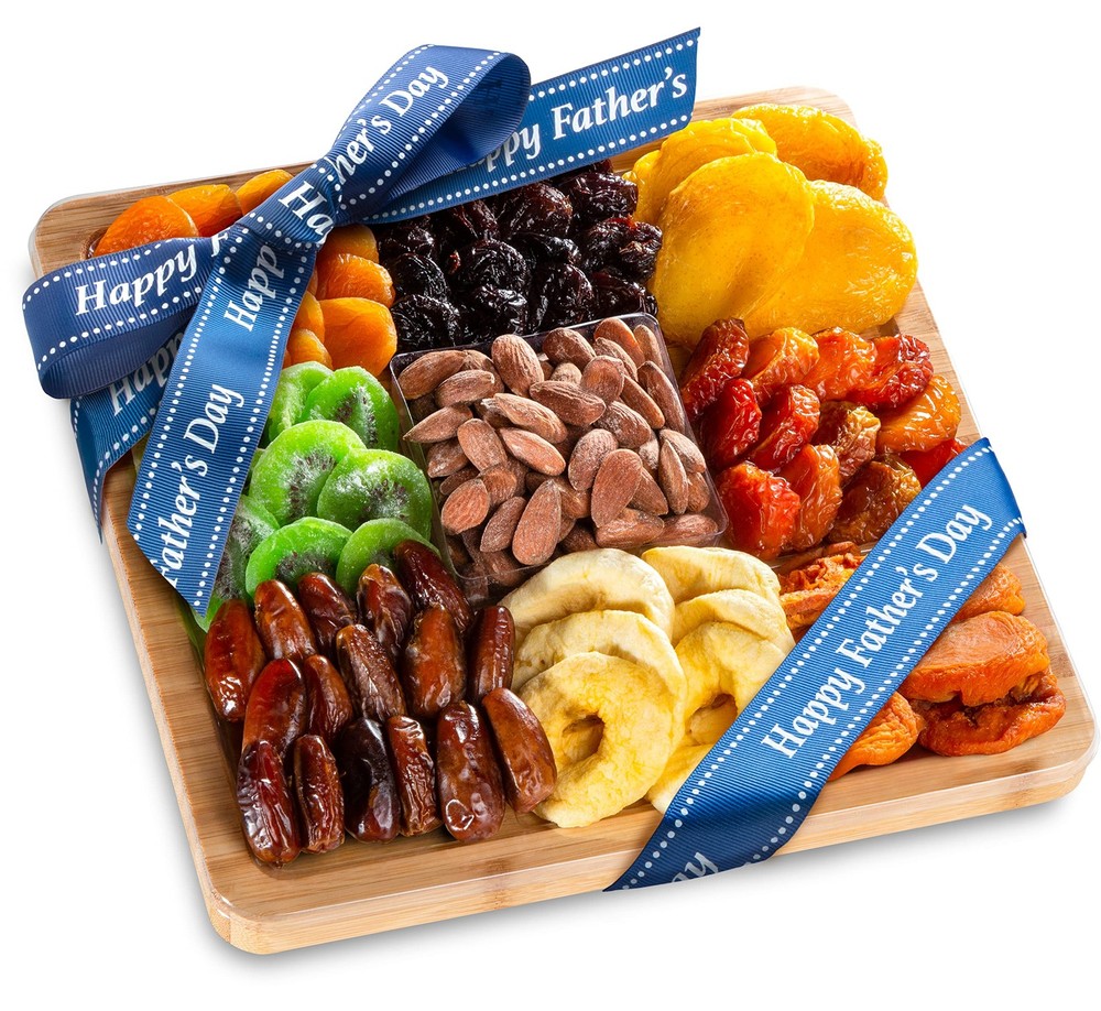 Dried Fruit Assortment with Almonds on Cutting Board Serving Tray