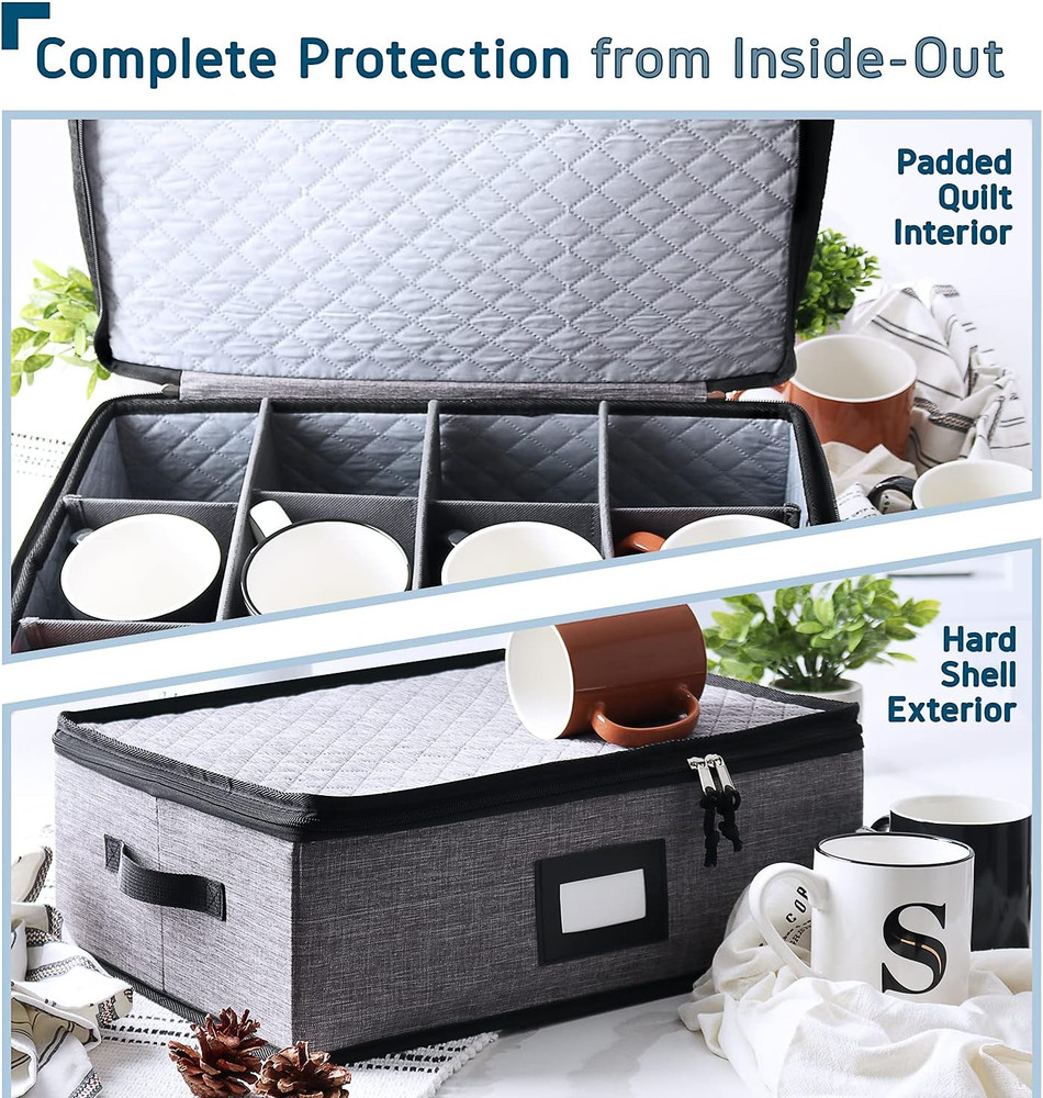 Stackable Quilted Coffee Mug Storage Organizer for 12, Grey Hard Shell