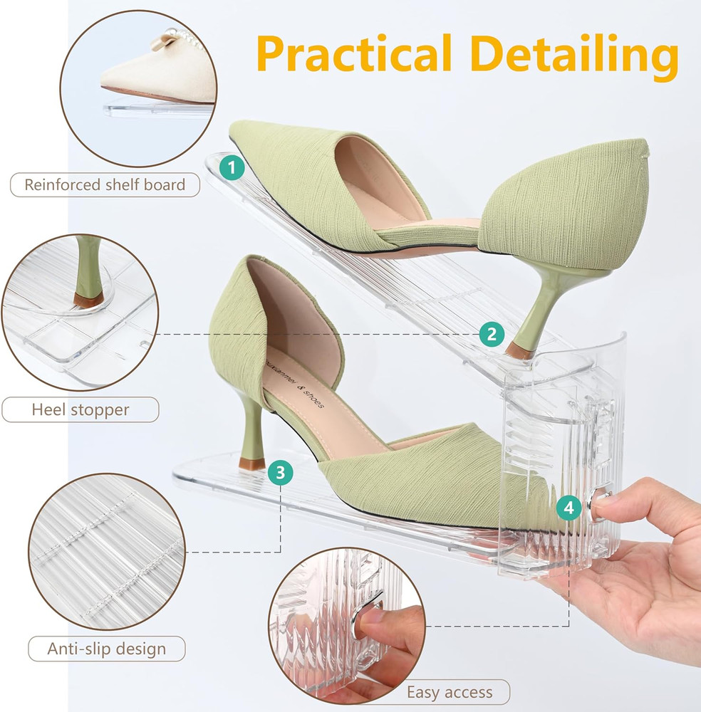 24-Pack Clear Shoe Organizer - Space-Saving Adjustable Stacker for Closets