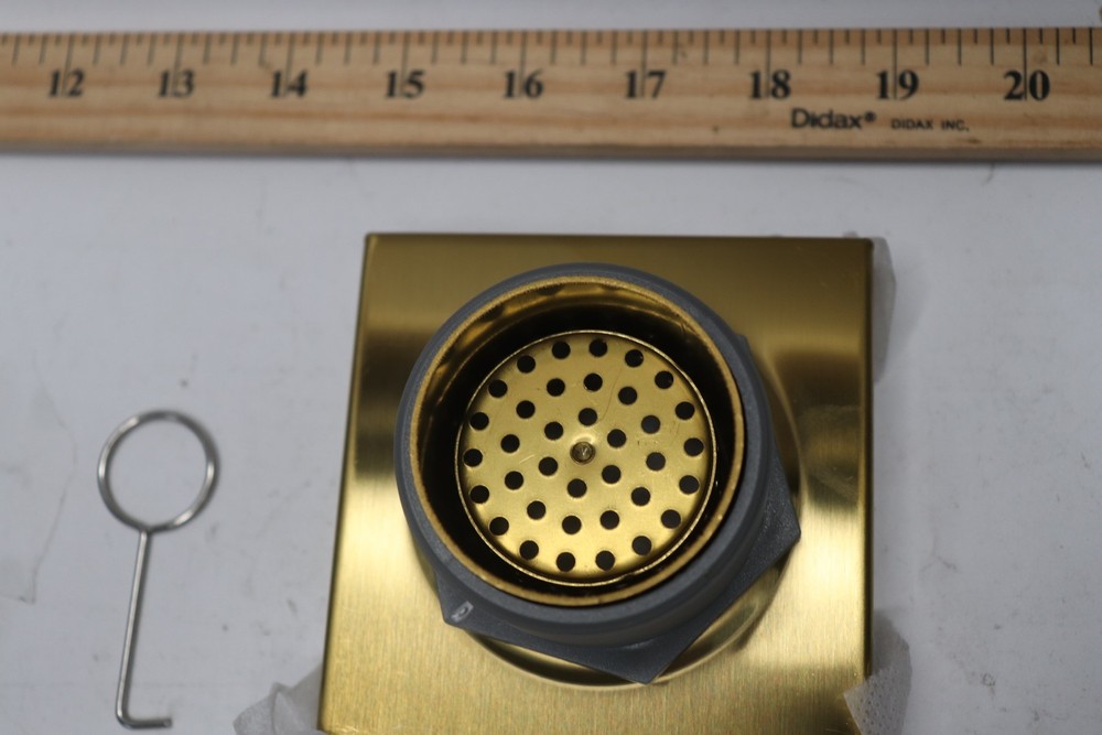 Square Shower Drain w/ Linear Pattern Drain Cover Brushed Gold 4" x 4" -Complete