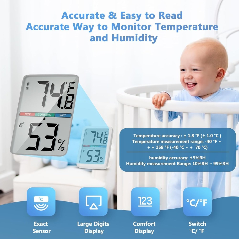 Digital Thermometer Hygrometer, Large LCD Screen Room Thermometer Temperature, W