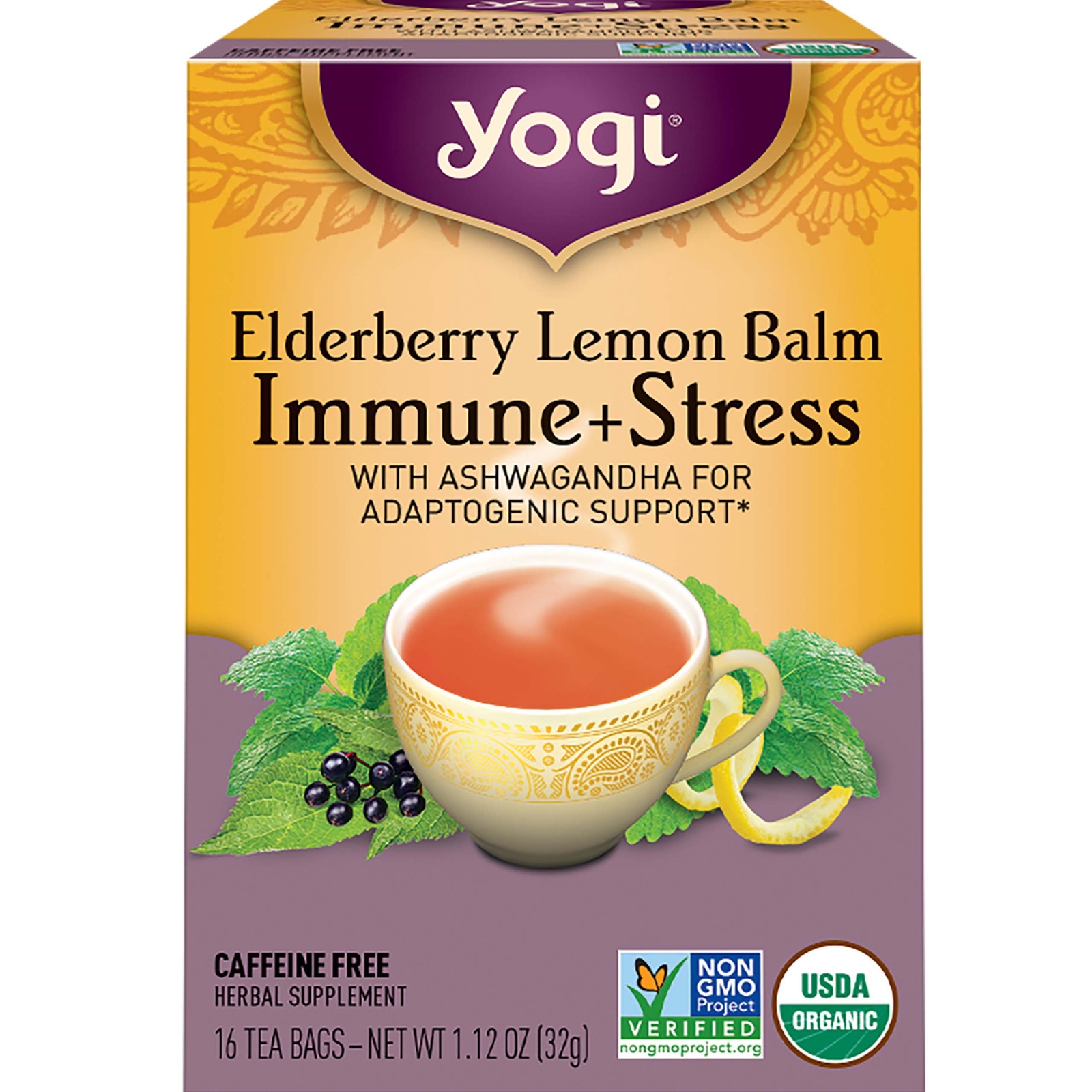 Yogi Tea - Elderberry Lemon Balm Immune and Stress Support (4 Pack) 64 Tea Bags