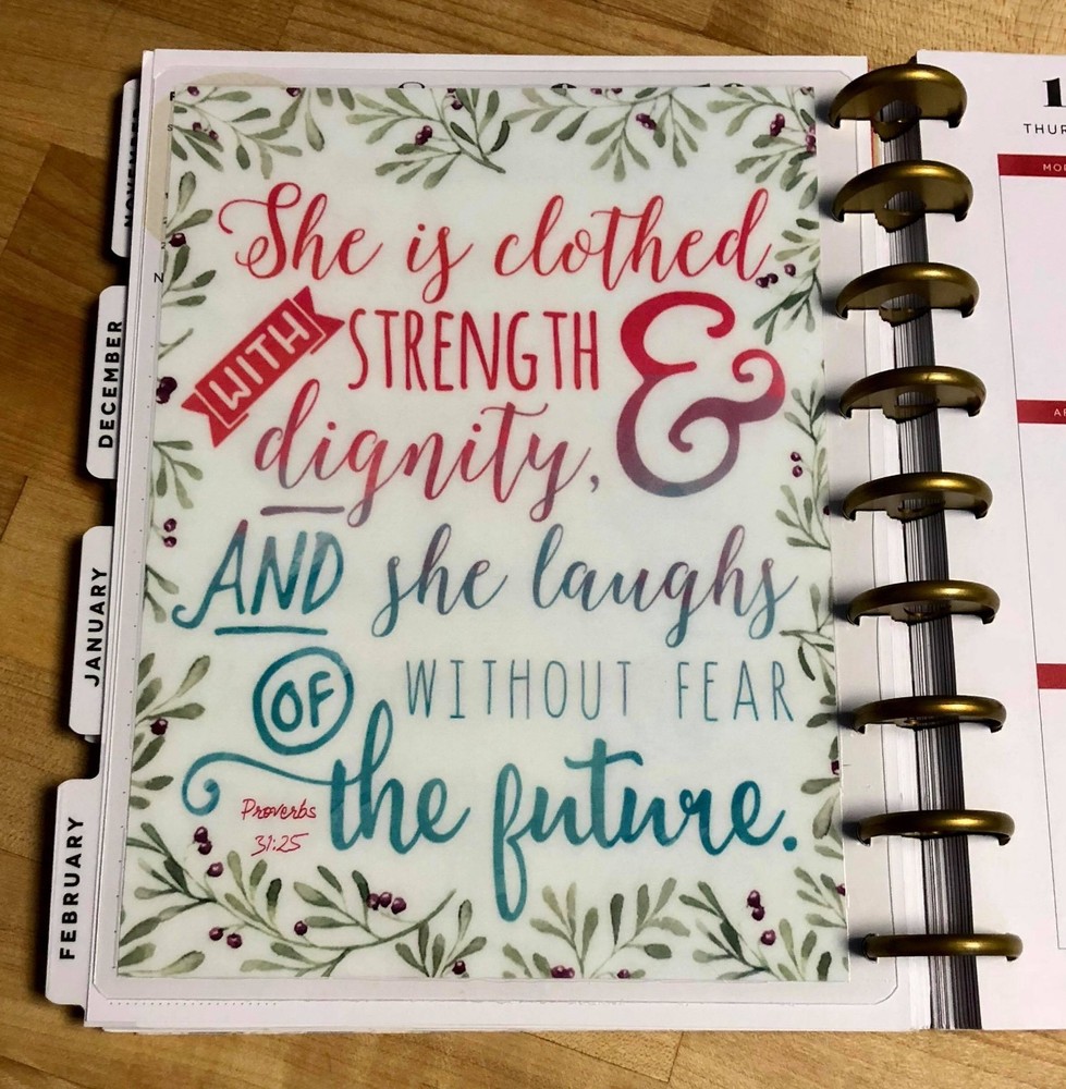 Proverbs 'Clothed in Strength' Quote 2 Sided Dashboard for use w Happy Planner