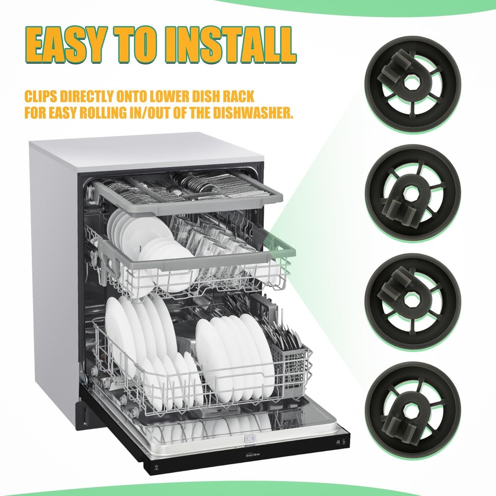 4 Pack 4581DD3003B Dishwasher Lower Rack Wheels, Bottom Dishrack Roller Assem...