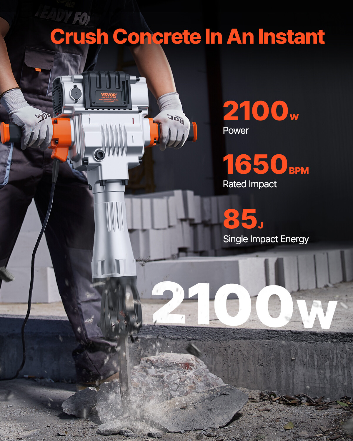 Demolition Jack Hammer Concrete Breaker 2100W Electric Hammer 2 Chisel Bit