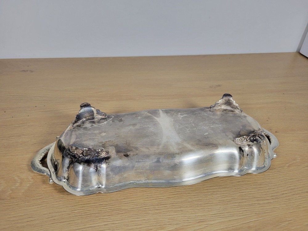 Silver Plate Etched Serving Tray Footed with Handles 13" Rectangular