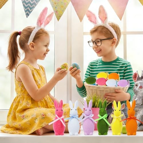 6 PCS Flocked Easter Bunnies Decors Set with 6 Colorful Eggs & Stakes, Rabbits