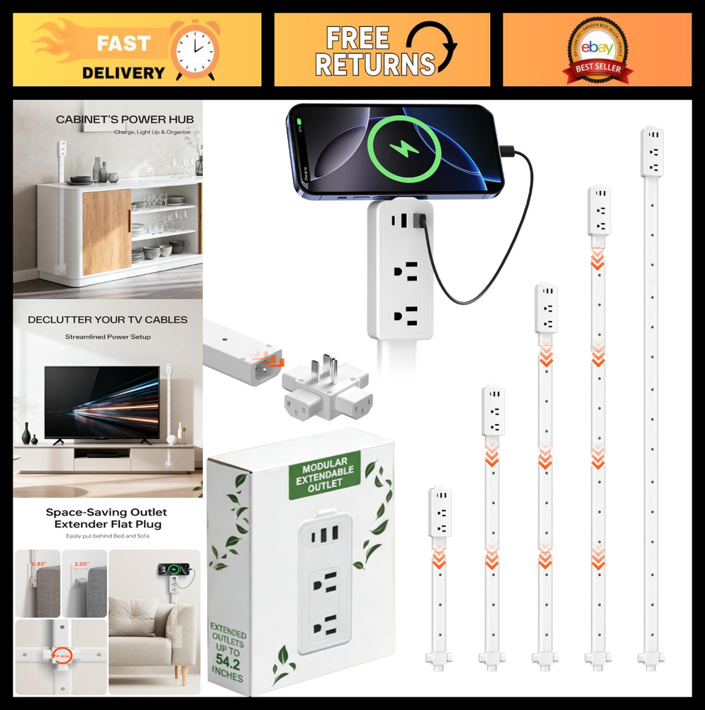 Adjustable Electrical Outlet Extender 8"-56", 4-Way Flat Plug, 2AC & 3USB Ports