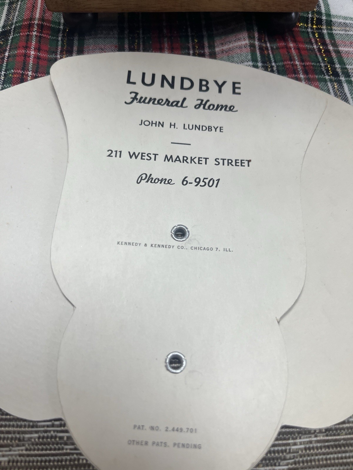 Vintage Lundbye funeral home fan...Orwigsburg PA. Lot