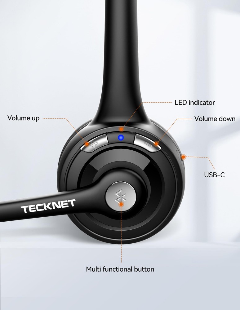 TECKNET Bluetooth Wireless Headset w/ Noise Cancelling Mic for Trucker Office PC