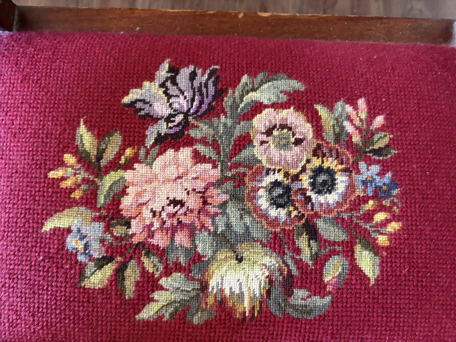 19thC Antique Victorian Footstool Bench Floral Needlepoint Petit Point