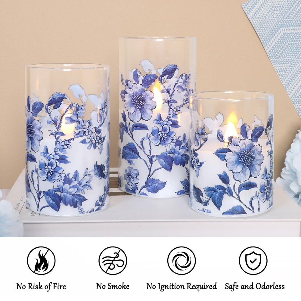 Flameless Candles Glass with Remote Control & Timer Function, Blue and White ...