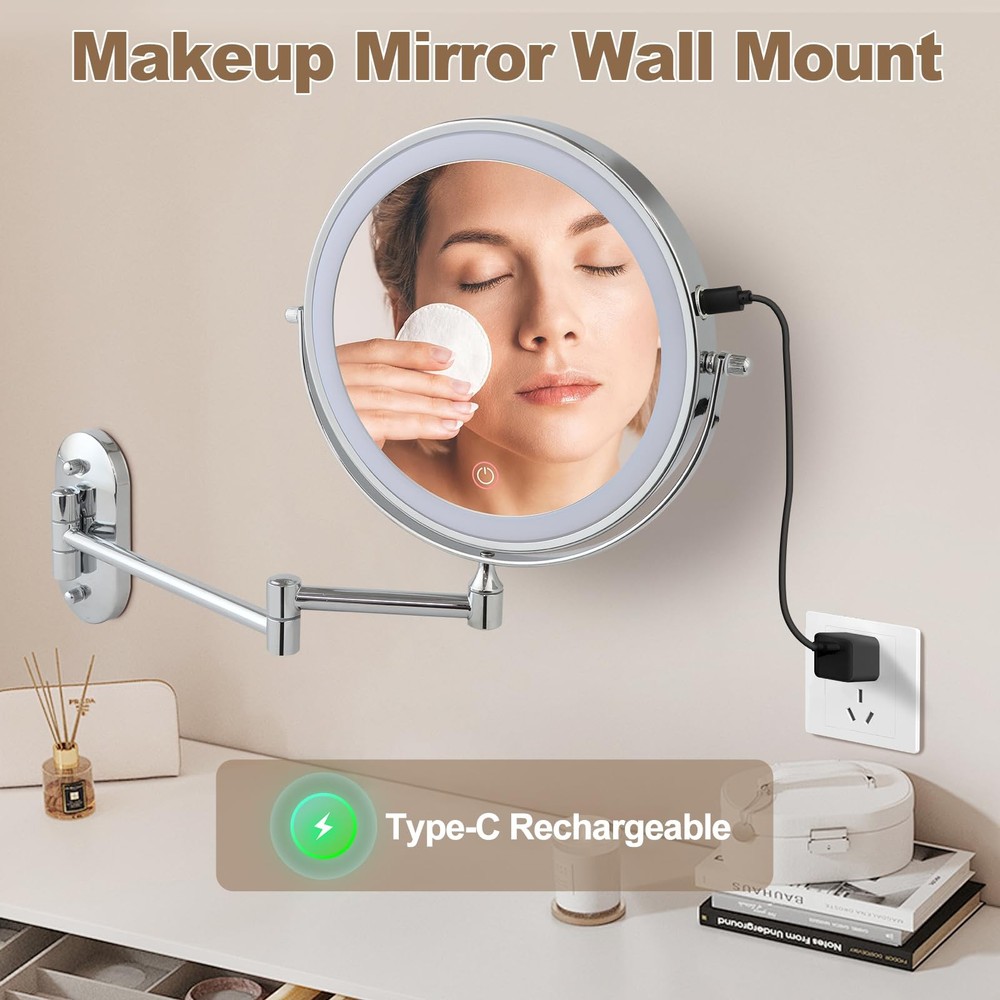 Rechargeable Lighted Wall Mounted Makeup Mirror 8 Inch Double Sided 20X Chrome