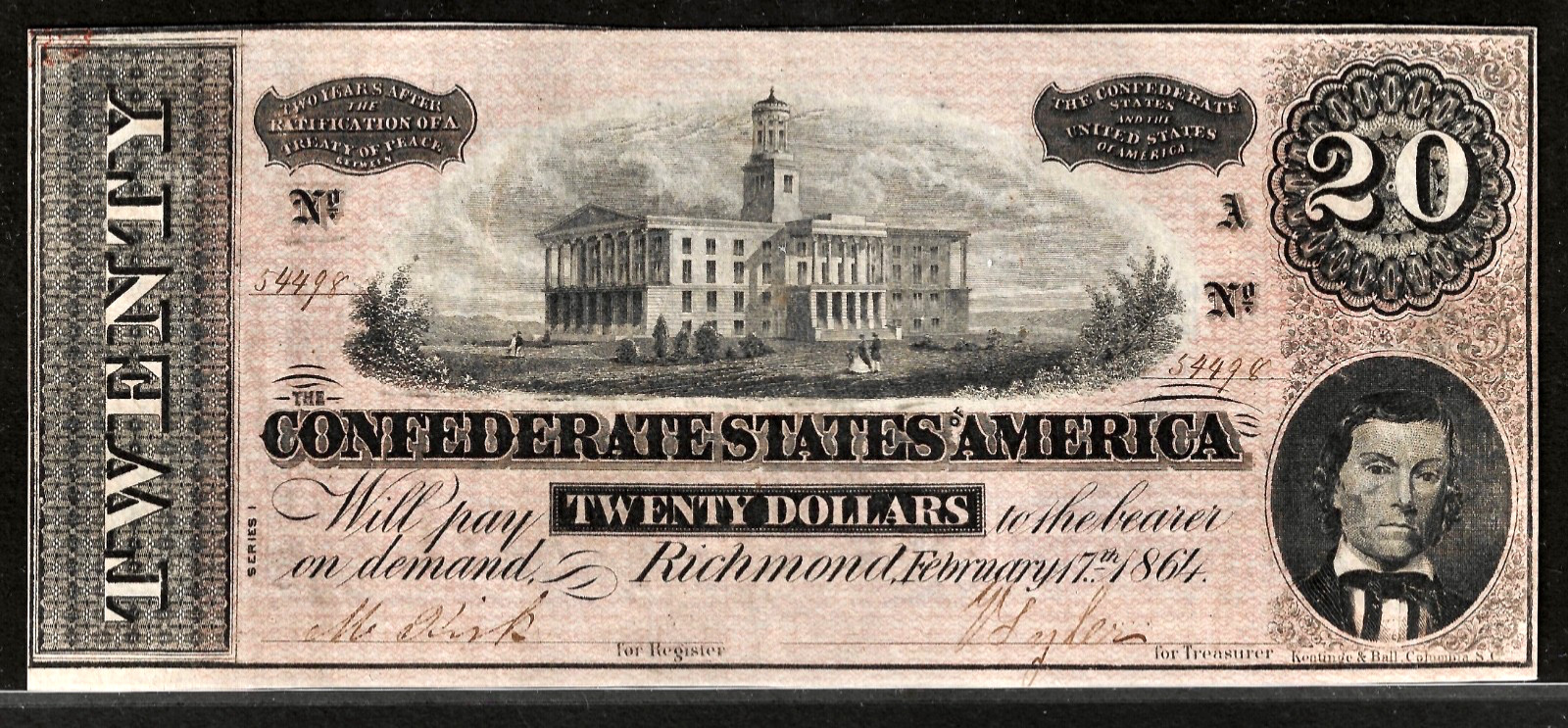 1864 CONFEDERATE STATES AMERICA CURRENCY $20 Dollar Note S/N 54498 T-67 Cr. 505
