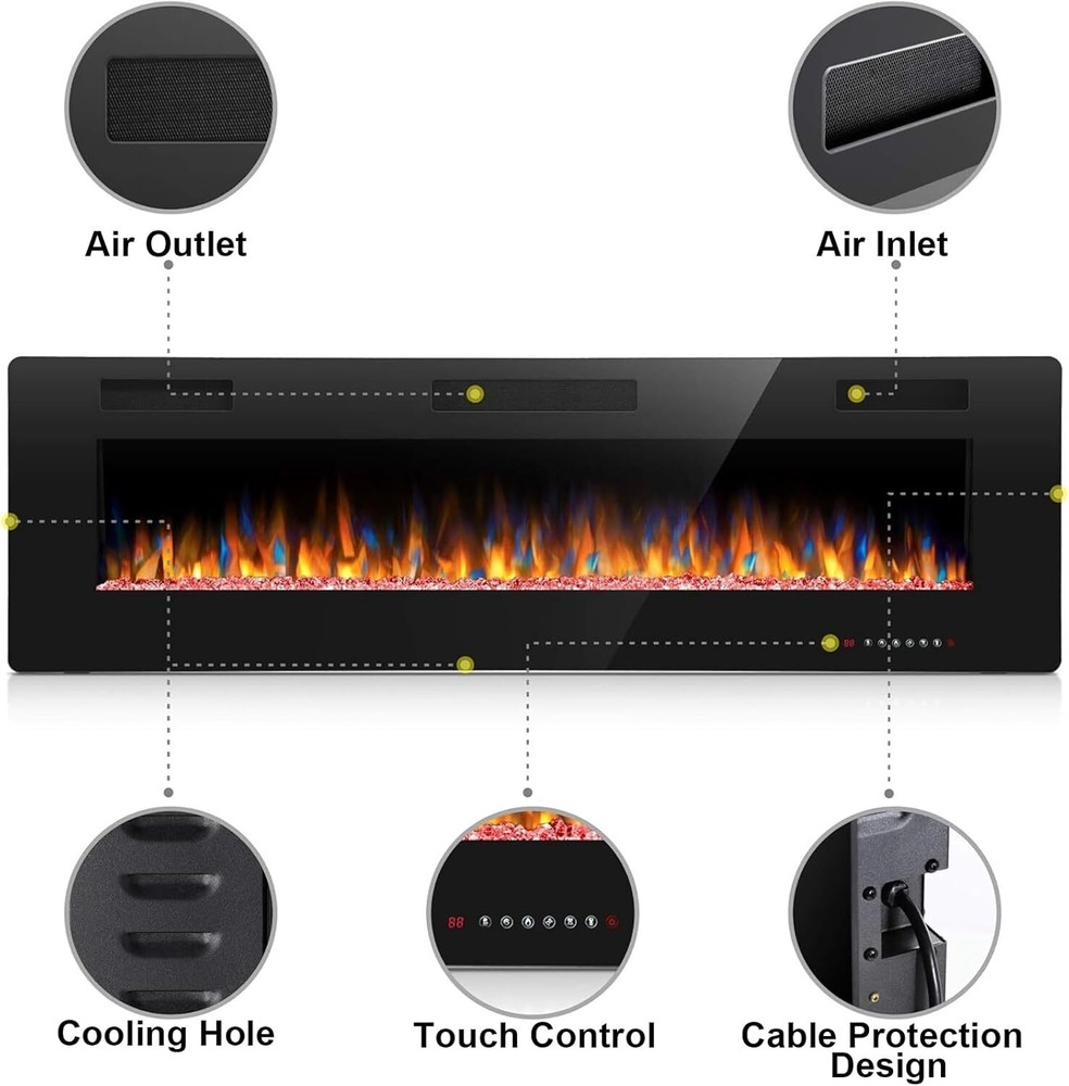 60 Inch Electric Fireplace Inserts, in-Wall Recessed & Wall Mounted,Remote&Timer
