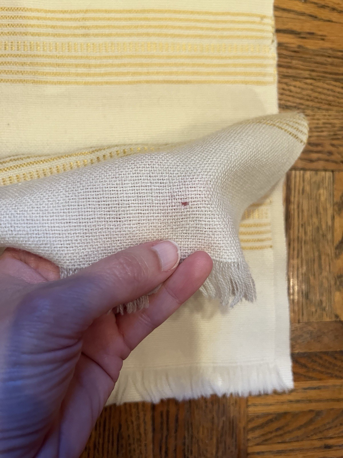 Vintage Madawaska Weavers Canada Pure Wool Hand Woven Scarf 9x42.5” Cream Gold