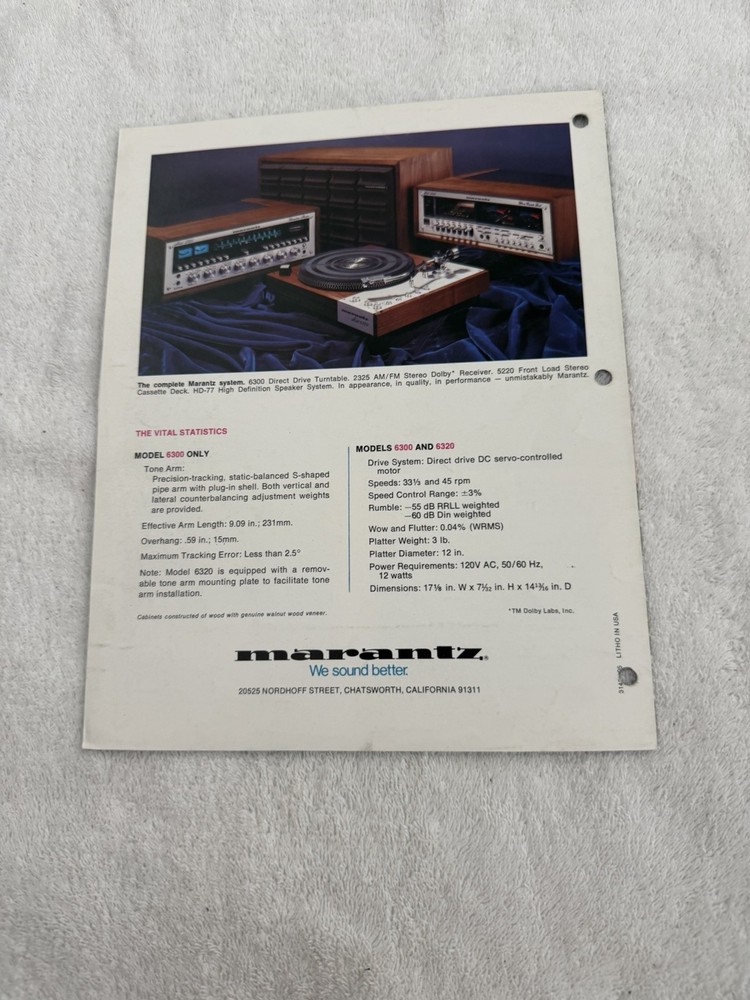 Marantz 6300 Turntable Brochure. Nice