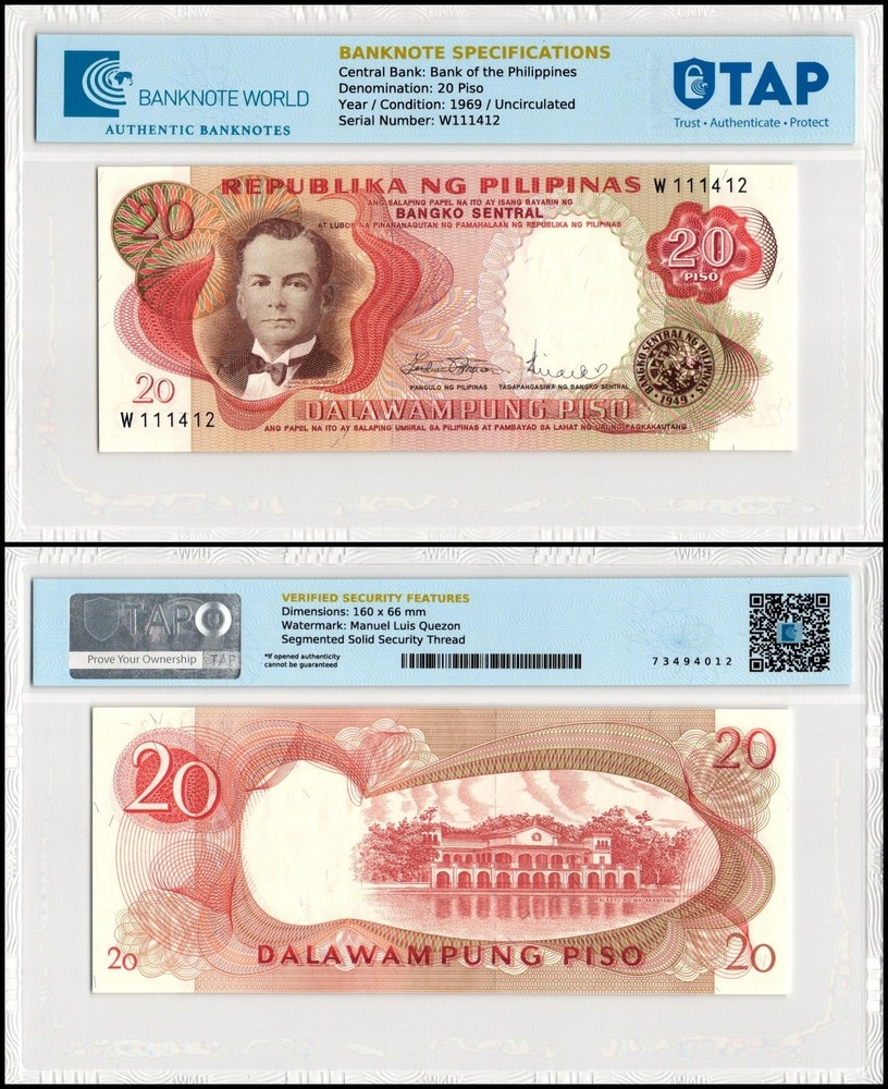 Philippines 20 Piso, 1969 ND, P-145b, UNC, TAP Authenticated