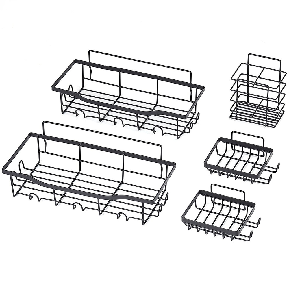 5Pack Shower Caddy Adhesive Shelves Organizer w/ 18 Hooks Rustproof Storage Rack