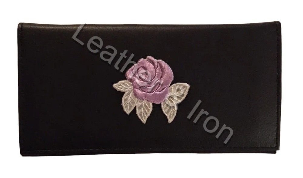 Purple Rose Design Leather Checkbook Cover