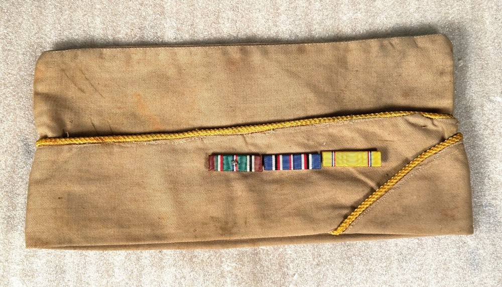 WWll Garrison Cap Khaki w/ 3 WW2  Ribbons ~ European Campaign, Am. Theater & Def