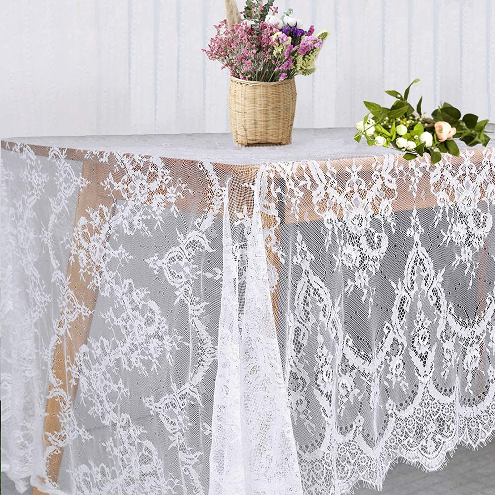 White Lace Tablecloth 60 × 120 Inch for Rustic Boho Wedding