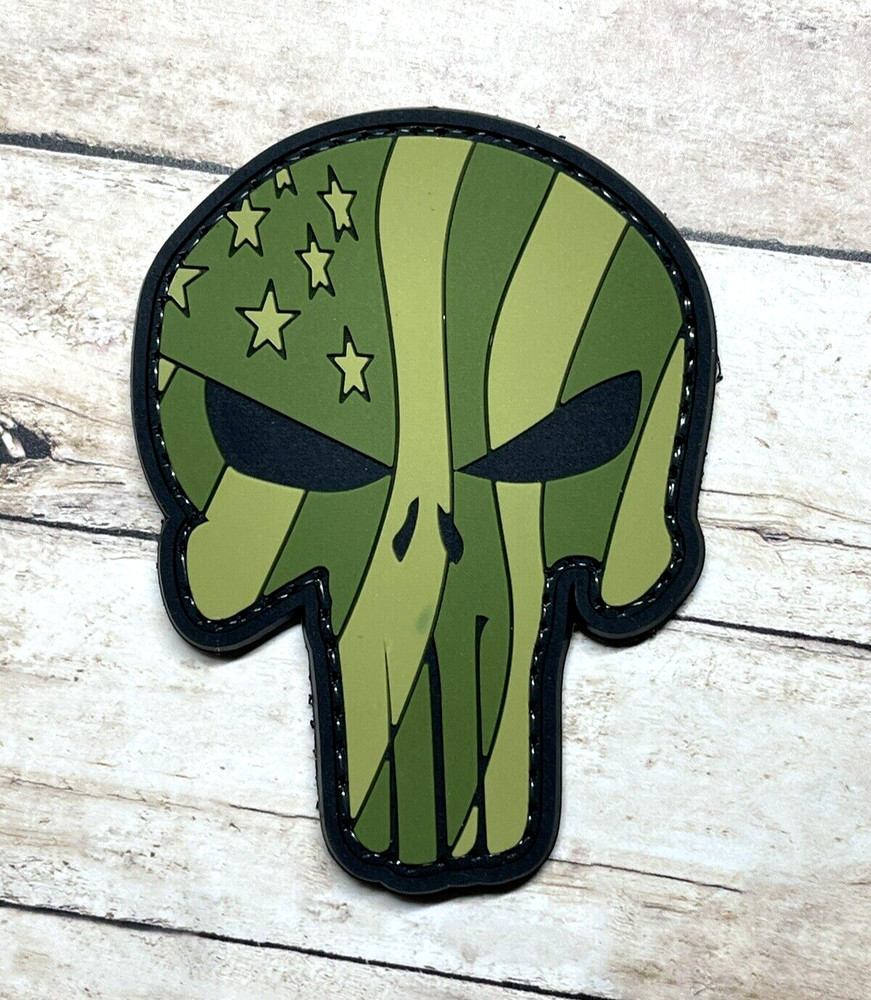 Punisher PVC Patch - Tactical Morale Patch - Green USA Flag Patch - Hook Back