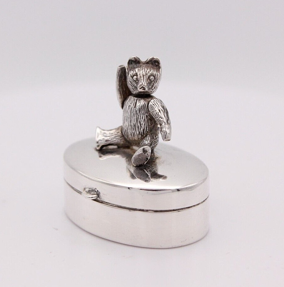 Sterling Silver Teddy Box With Movable / Posable Teddy London 2000