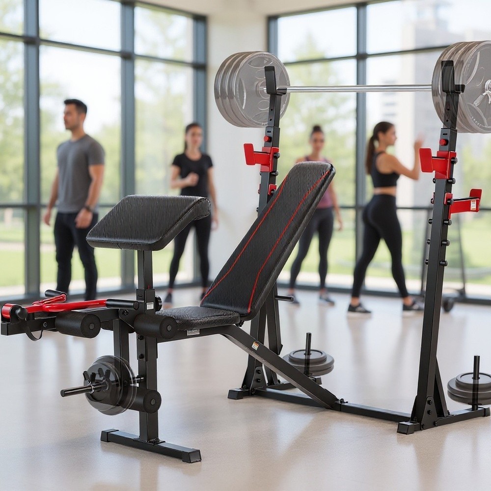 900LBS Multi-Purpose Adjustable Weight Bench Workout Bench Set with Barbel Rack