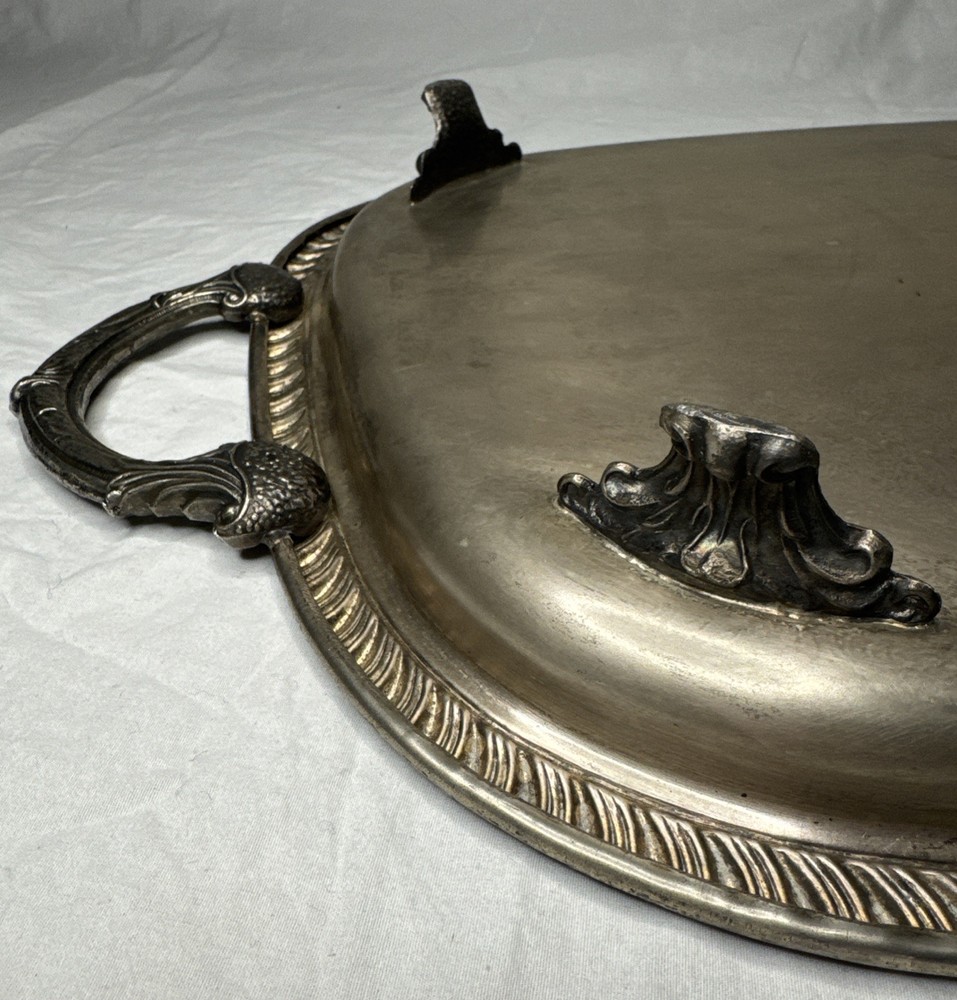 Leonard Silverplate Footed Serving Tray Ornate Engraved Floral Handles Rope Edge