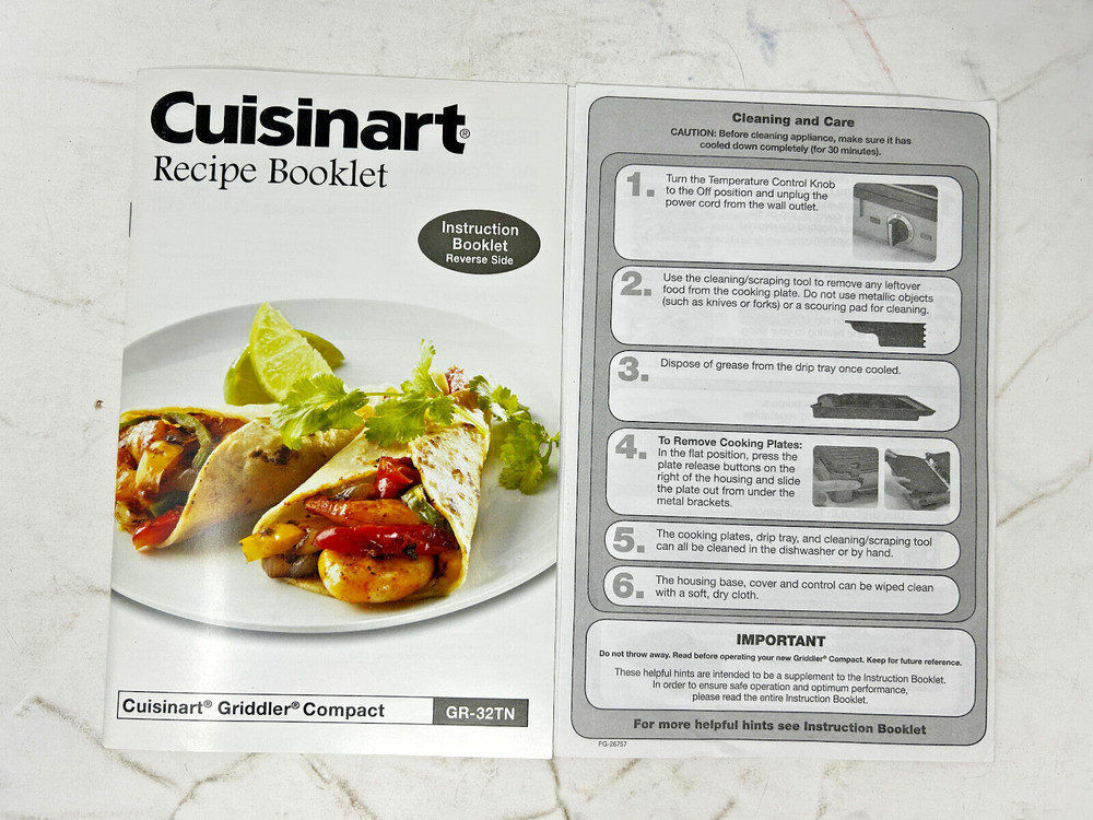 Cuisinart Griddler Compact GR-32TN Instruction/Recipe Booklet & Quick Reference