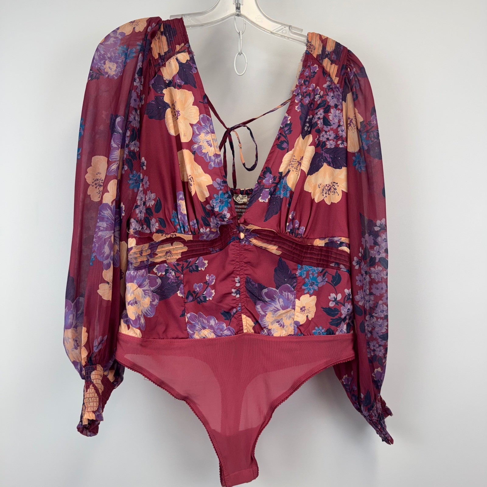 Free People Intimately Floral Long Sleeve Bodice Bodysuit Burgundy Purple Medium