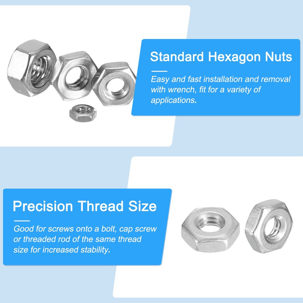 Hex Nuts (1/4"-20) 50Pcs 304 Steel Coarse Thread Nut Silver