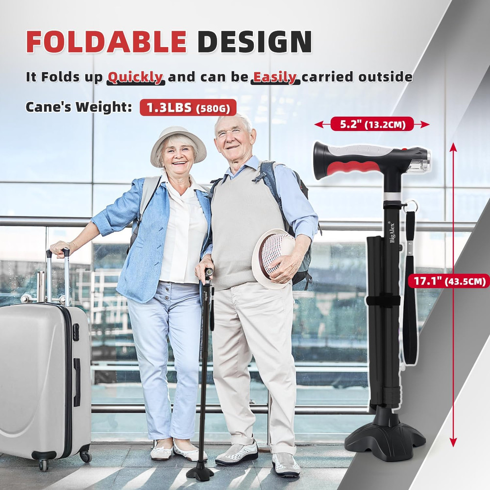 Folding Walking Cane with Two Led Lights for Elderly Solid Base Adjustable Walki