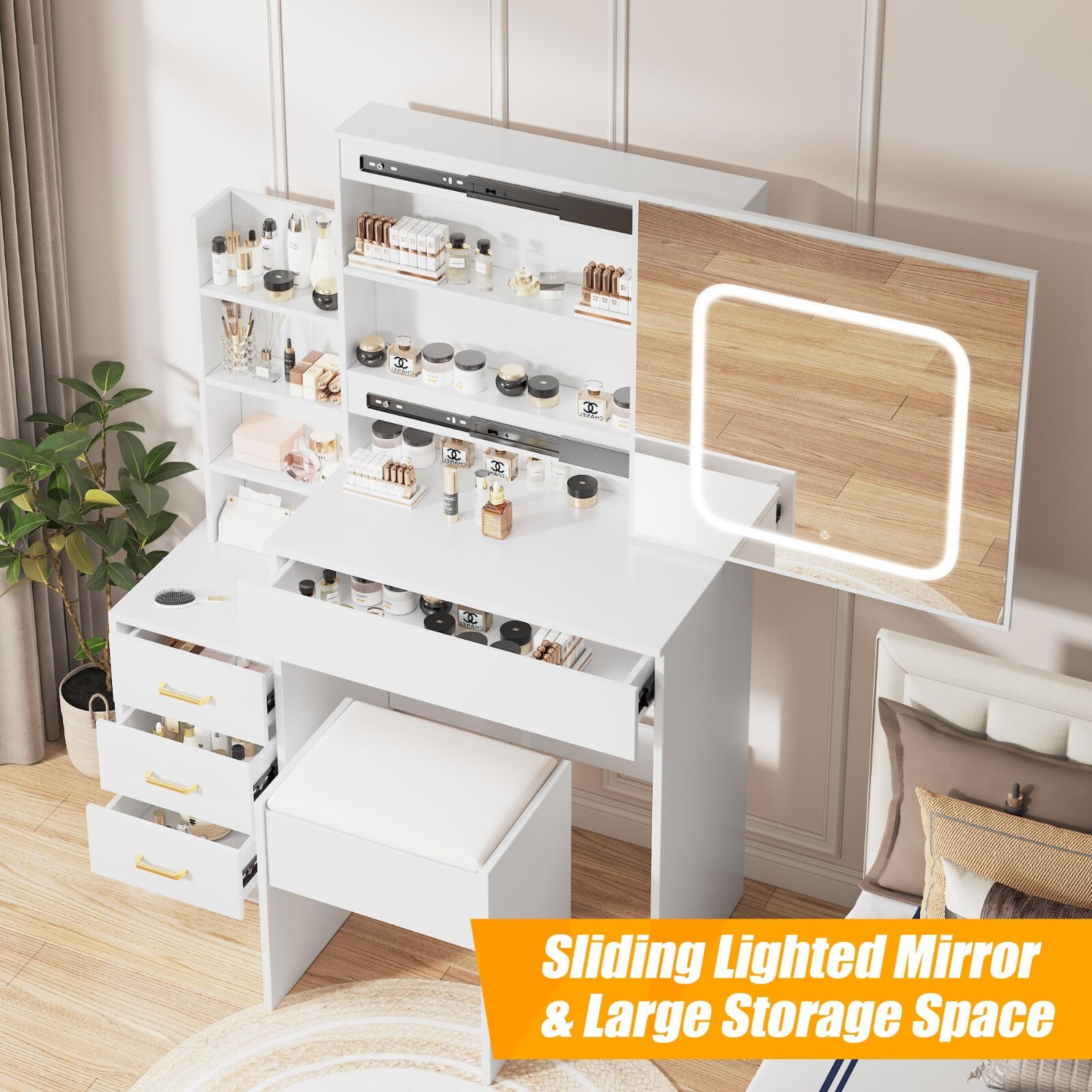 Vanity Desk Makeup Dressing Table Set w/ 4 Drawers Sliding Mirror and LED Lights