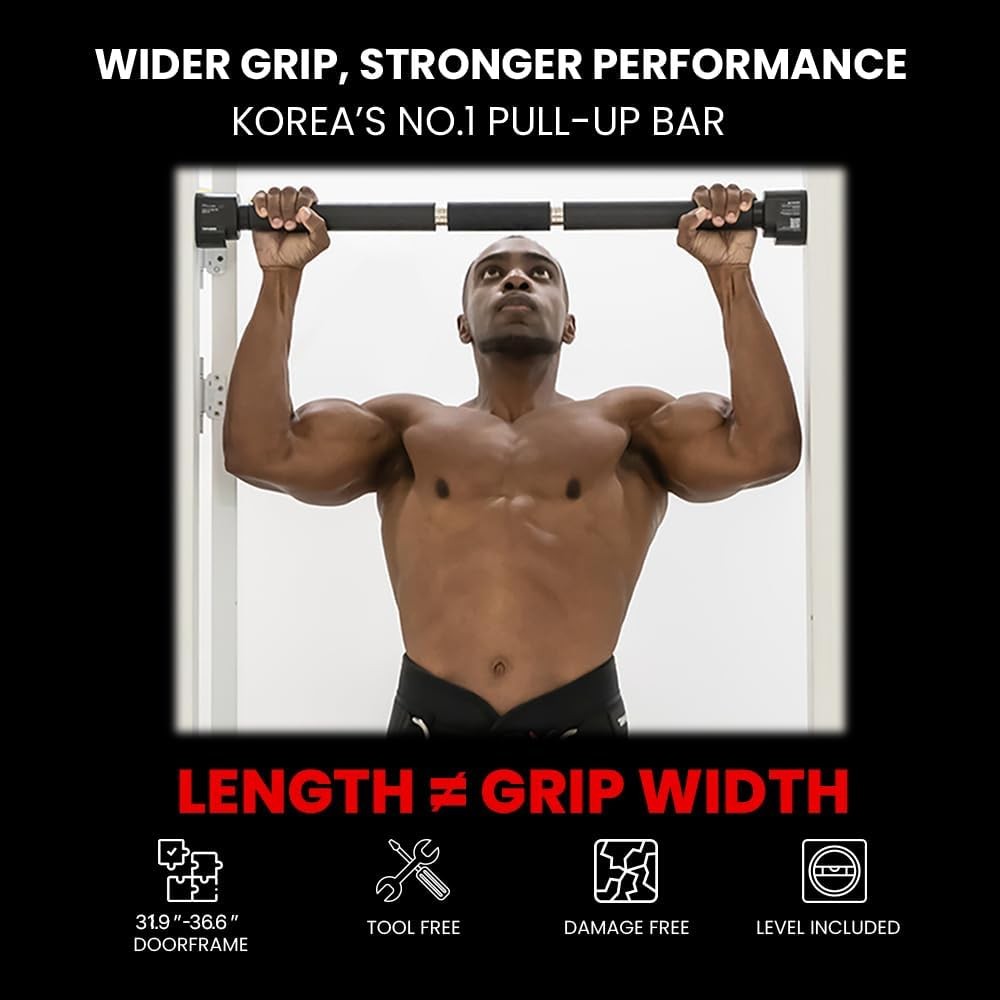 Doorway Pull Up Bar, Patented Flat Structure with Uninterrupted Full-Length Grip