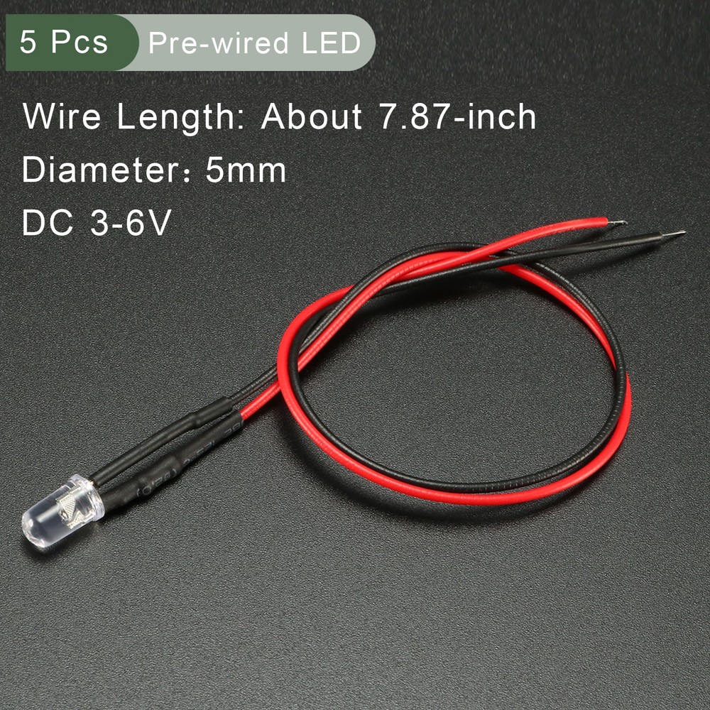 5Pcs Pre Wired LED,Round Head LED(Multicolor,5mm,DC3-6V)