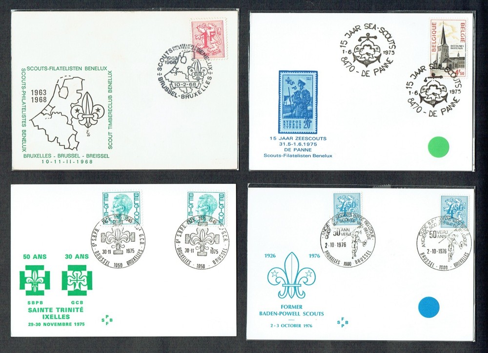 8 BELGIUM STAMP CARDS. VARIOUS SCOUTING COMMEMORATIVE ISSUES. FINE CONDITION.