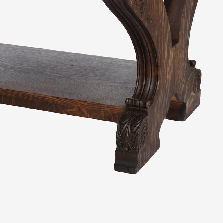 Arts & Crafts Carved Oak Trestle Library Table C1910
