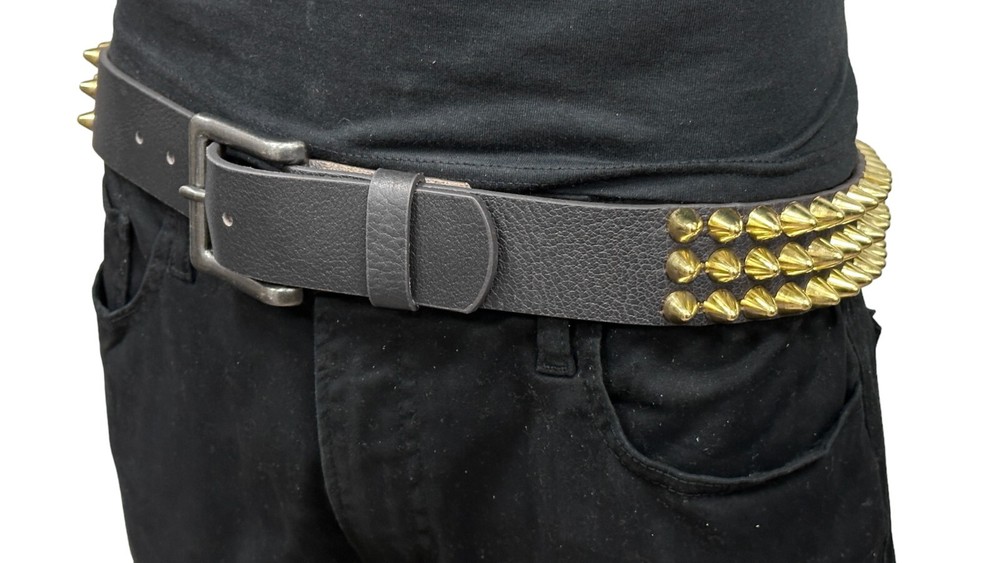 THREE Row Gold UK77 CONE Stud Belt Leather Handmade Studded Belt Punk Goth