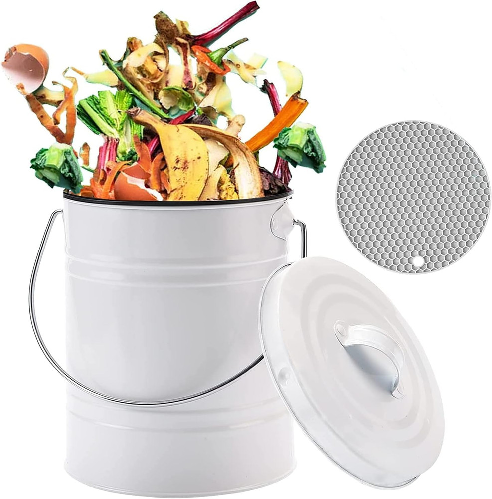 Compost Bin for Kitchen Counter, Small Metal Compost Bin Indoor Kitchen Sealed