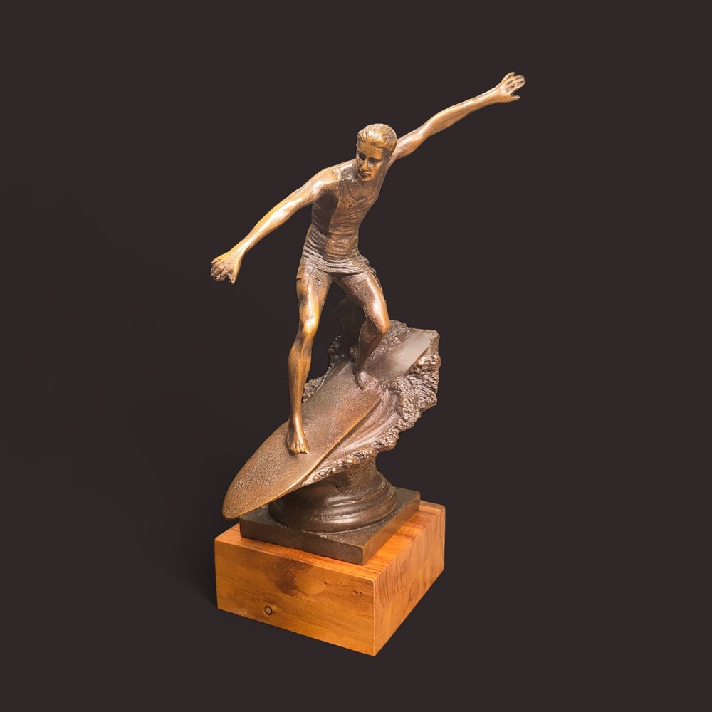 Bronze Surfer Statue Koa Wood Base Trophy