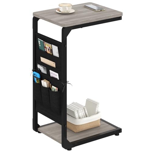 Narrow C-Shaped End Table with Storage Bag, Small Couch Side Table, 1 Greige
