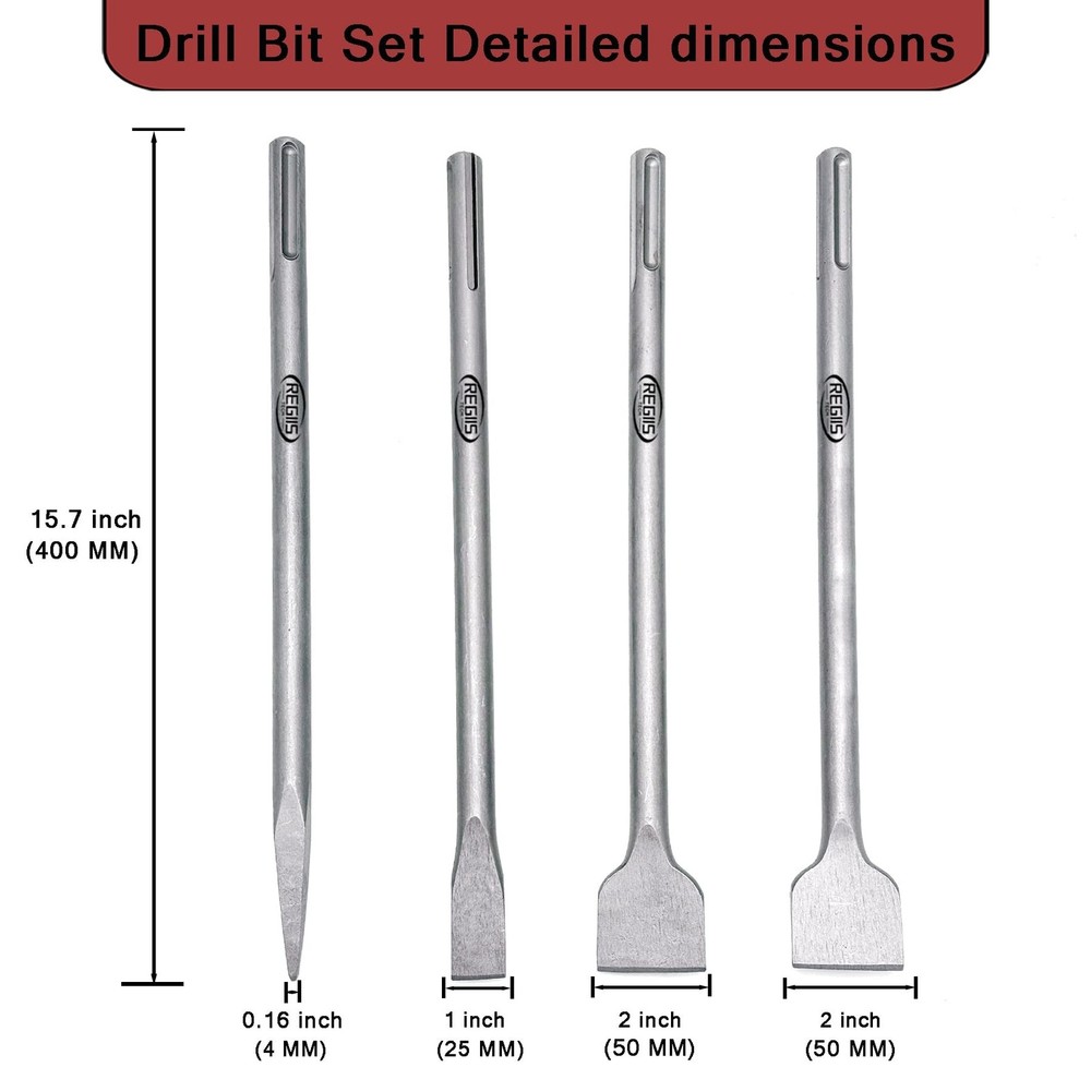 4 pcs SDS MAX 15.7 inch Chisel Set, Masonry Concrete Drill Bit Set, Tile Remo...
